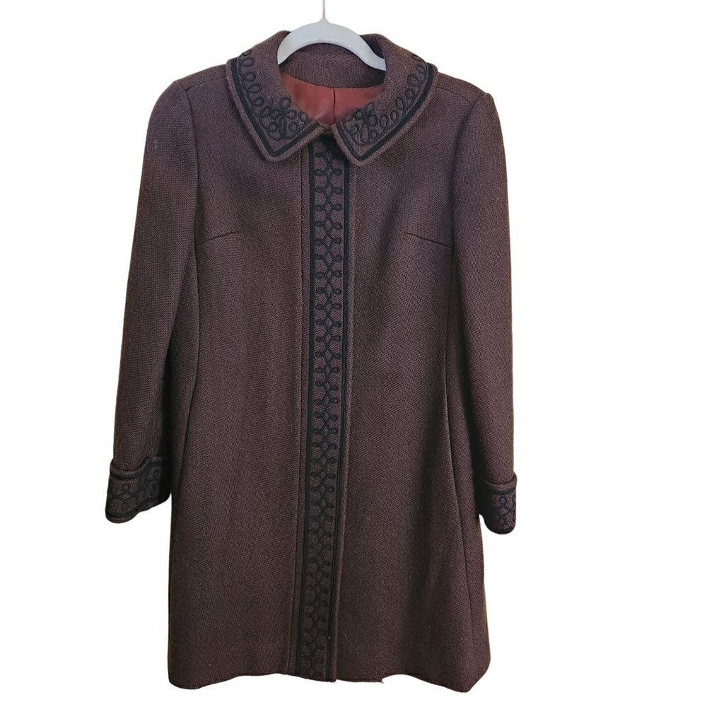 Vintage Carlton Deb Brown Wool Coat Black Brocade Trim Size S